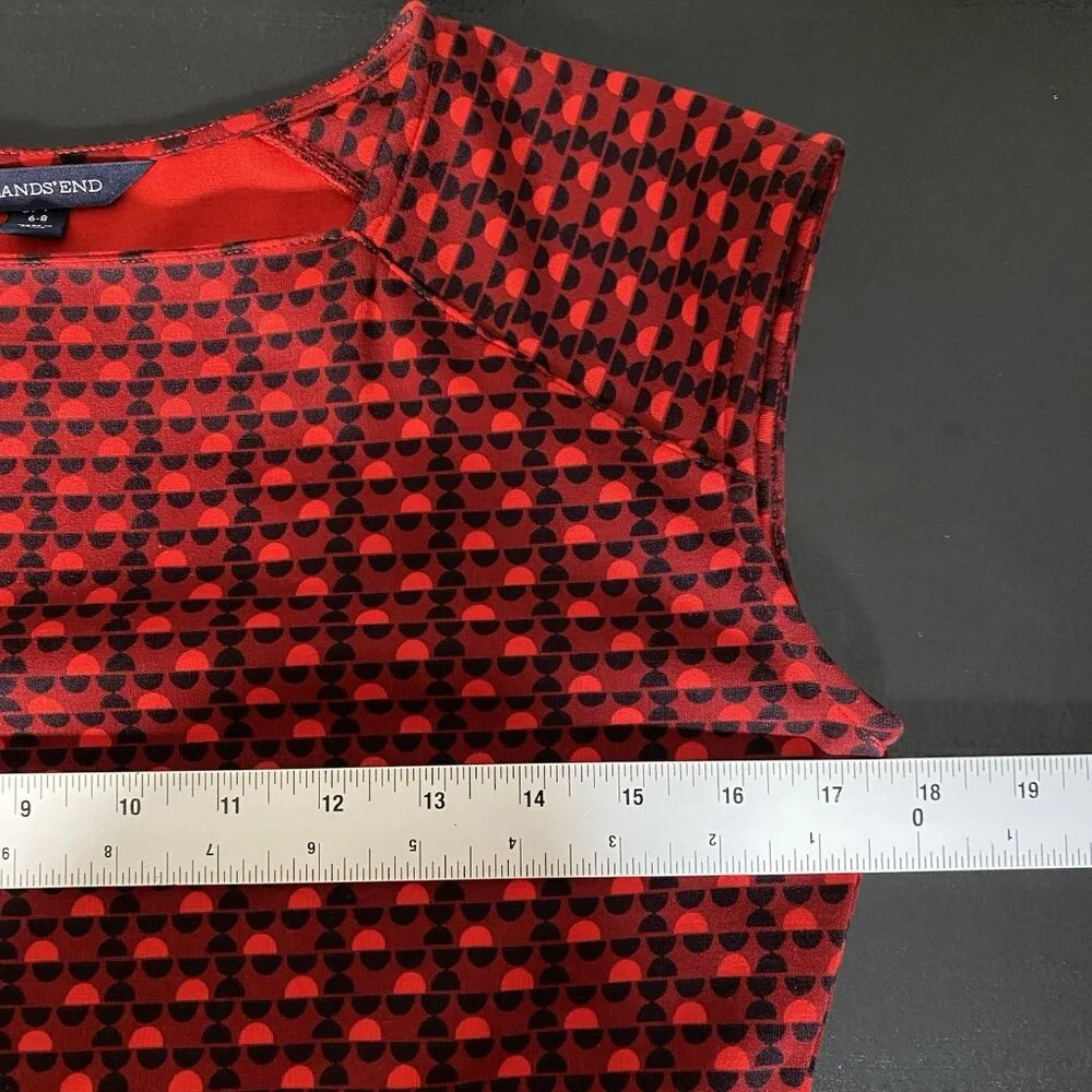 Lands End Ponte Knit Dress Red Geometric Cap Sleeve Fit & Flare Modest Church - Picture 11 of 12